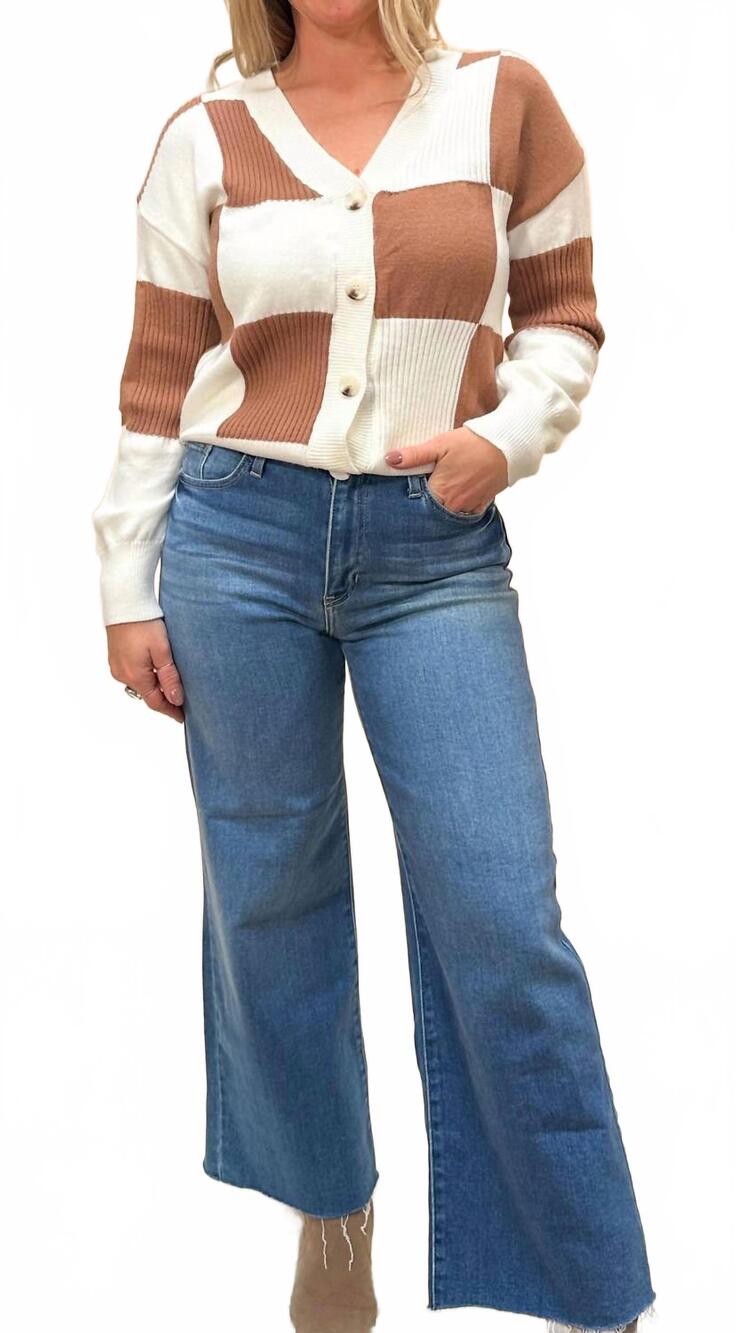 NEW LITTLE DAISY CLOSET checkered ribbed v neck sweater cardigan in beige